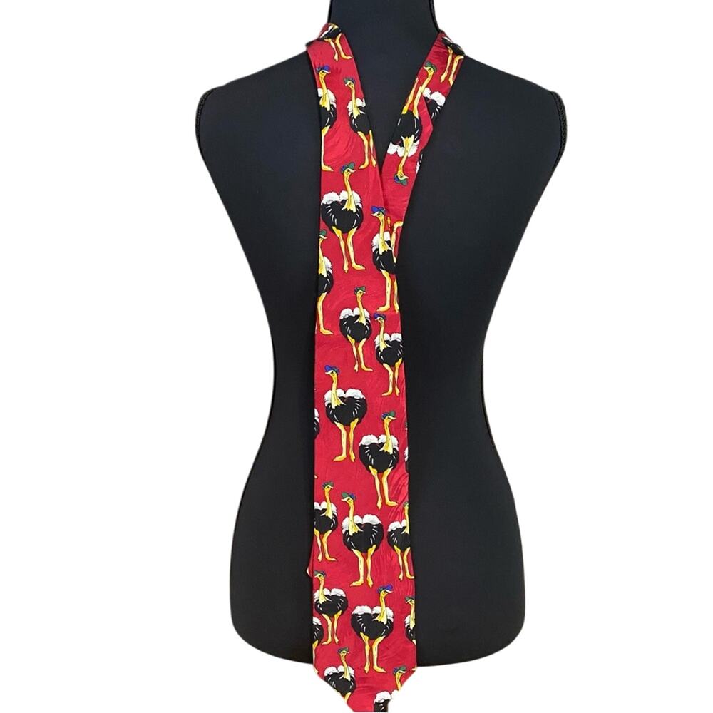Enzo Felini ostrich novelty red tie all silk Paris France handmade novelty